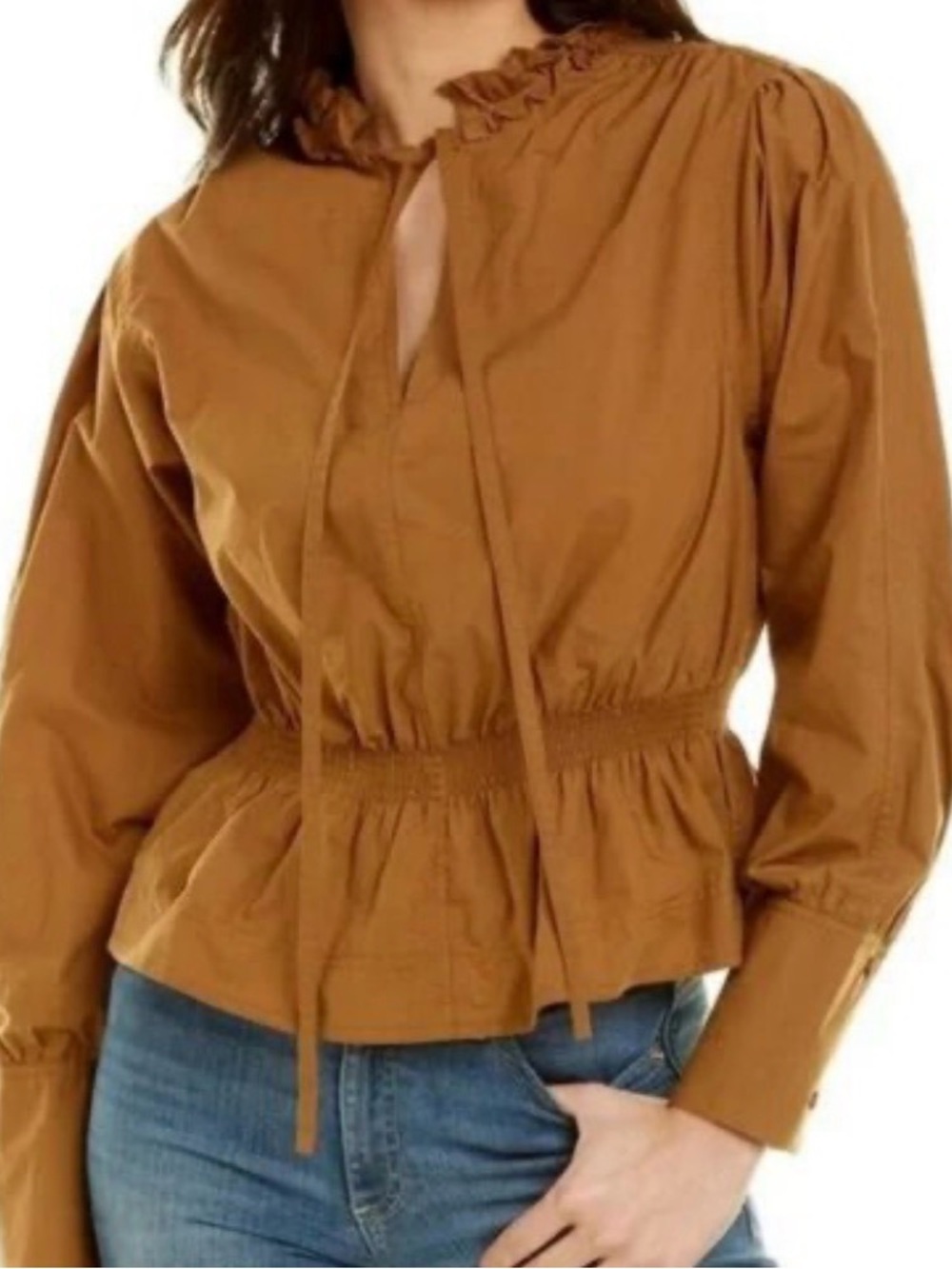Rebecca Taylor Brown Ruffle-Neck Peplum Blouse